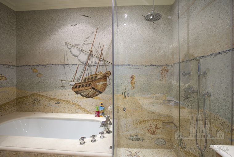 Мраморная мозаика, для стен и полов, Private Villa, French Riviera, Bathroom Sea, Friul Mosaic