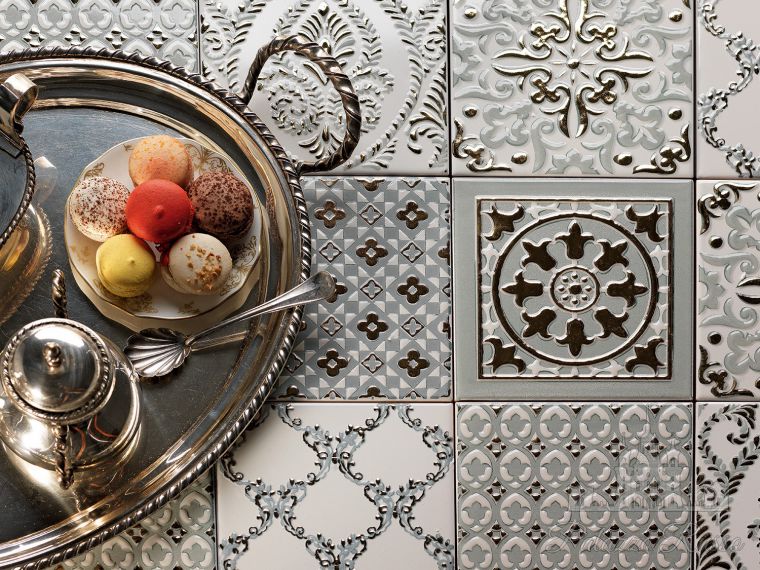 Керамическая плитка, для стен, пэчворк Atelier Gold состоит из 6 разных декоров. декоры золото 24 карата, GREEN TEA, Decoratori Bassanessi